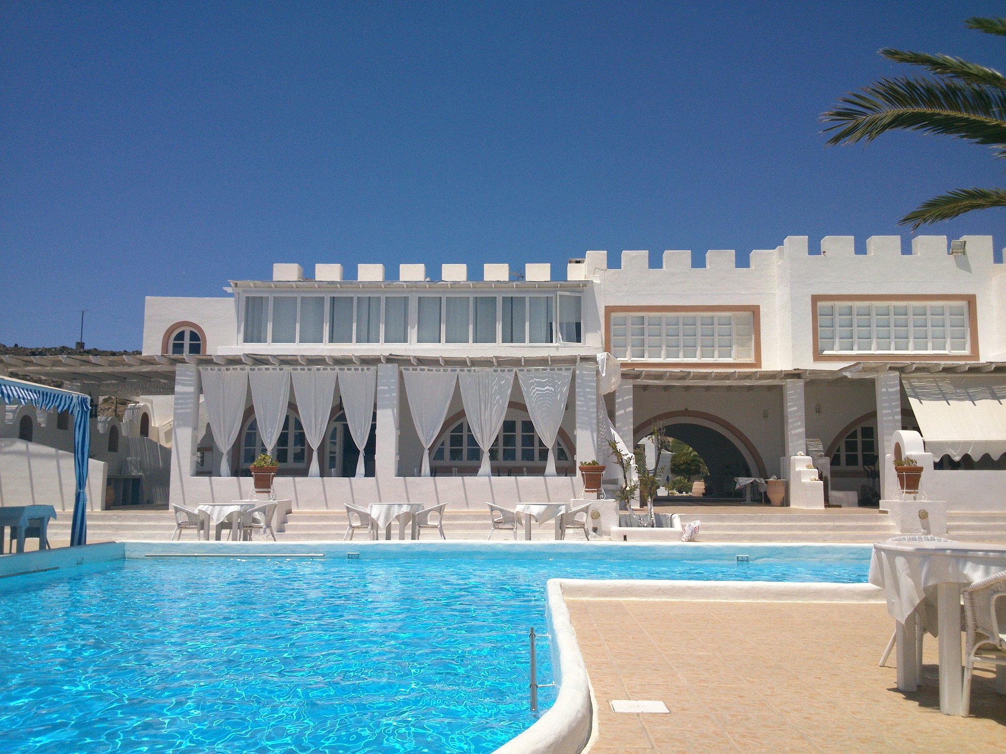 Pool with hotel facade and palm tree