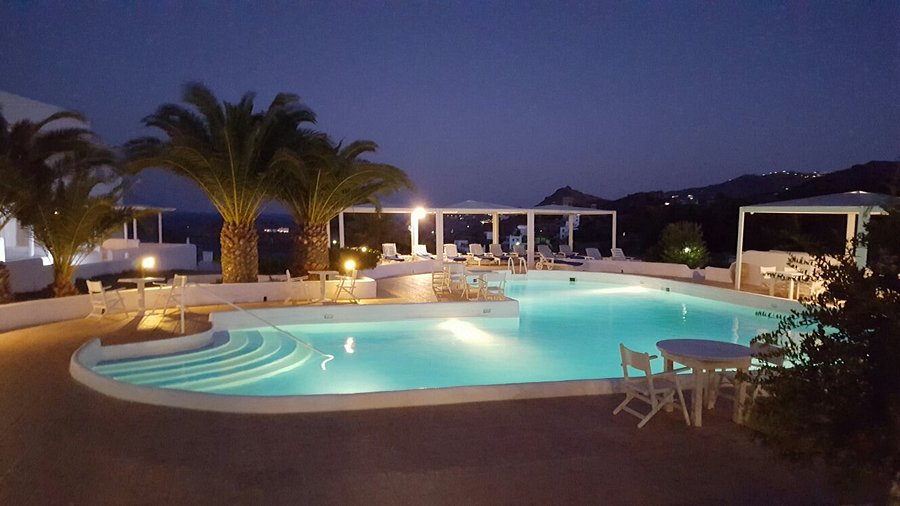 Pool area illuminated at night